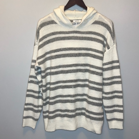 - Nine West Shine Hooded Sweater Gray & Ivory-‎ Women's Size Medium- NWT - Picture 1 of 13